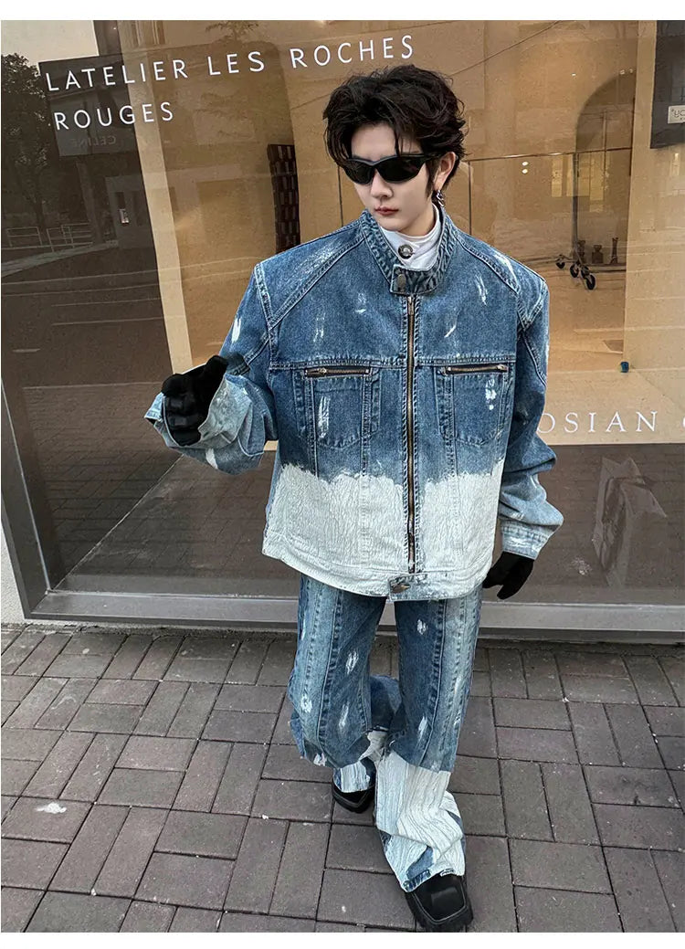 Threebooy Men's New 2-Piece Bleached Faded Denim Set
