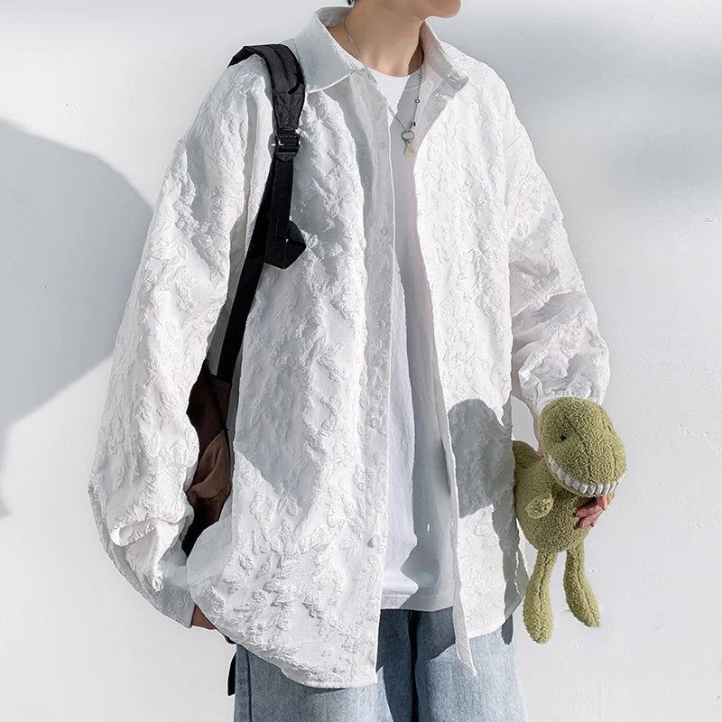 Threebooy Autumn New Special Shirt Men Black White Embossed embossing Design Shirts Men Korean Blouses Casual Loose Shirt Jacket