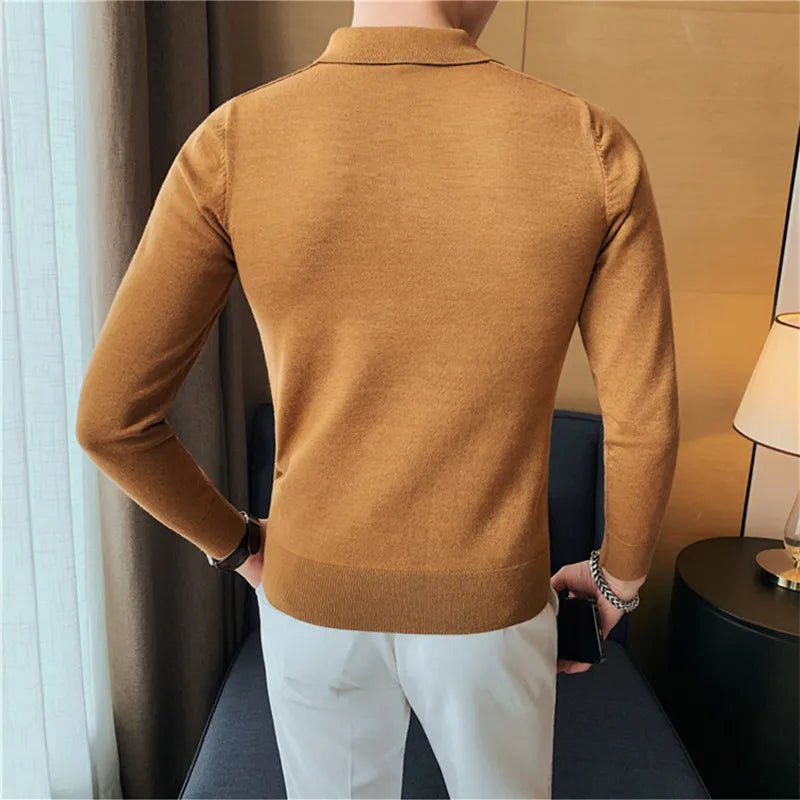 Threebooy  Men Spring High Quality Casual Knitting Shirts/Male Slim Fit Fashion Long Sleeve Polo Shirts Tops Plus Size S-3XL