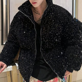 Threebooy Mens sequin casual jacket genderless 2024 new autumn winter fashion personality street trend youth thickened jacket unisex