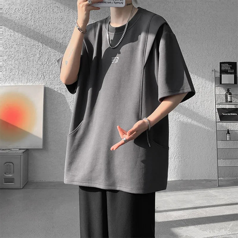 Threebooy  t shirt Men Loose Fit Crew Neck T-Shirt Solid Streetwear Urban Casual Patchwork Design Trendy Hip Hop Tee man 2024 Fashion