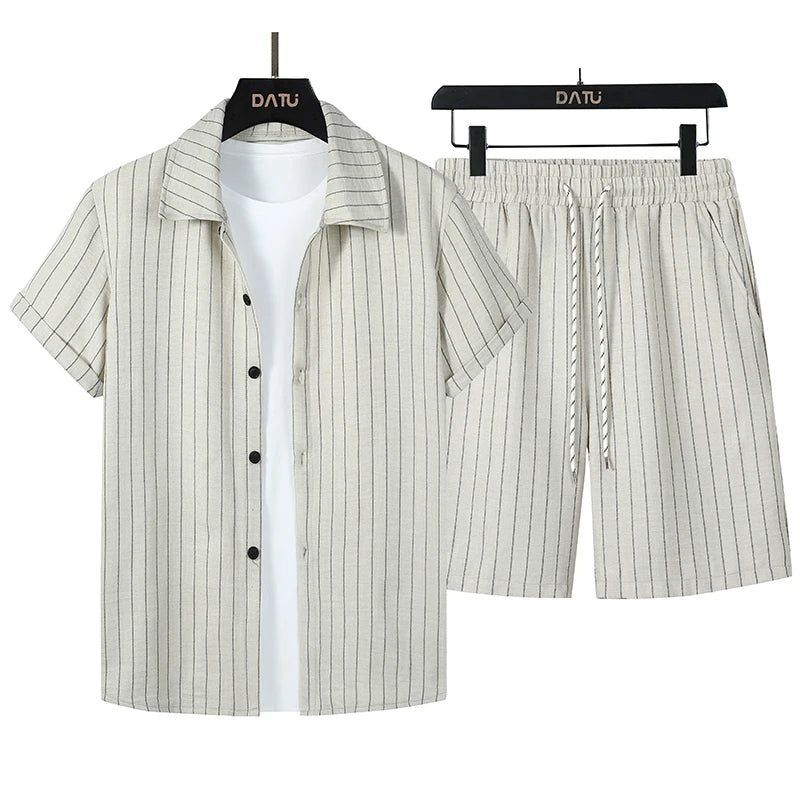 Threebooy  New Casual Men's Shirts Sets Summer Leisure Breathable Loose Short Sleeve Striped Shirt for Men Outdoor Fashion Button Lapel Top(Two-Piece Set)