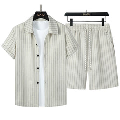 Threebooy  New Casual Men's Shirts Sets Summer Leisure Breathable Loose Short Sleeve Striped Shirt for Men Outdoor Fashion Button Lapel Top(Two-Piece Set)