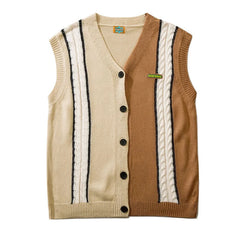 Threebooy Japanese Fashion Vest Sweater Men V-neck Striped Color Matching Pullover Causal Loosed Sleeveless Unisex Knitwear Preppy Apricot