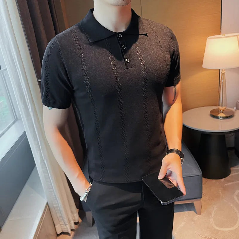 Threebooy Light Luxury High-end Knitted POLO Shirt Men's Summer Casual Polo Shirt Korean Fashion Short Sleeve T-shirt Men's Luxury Top 4XL