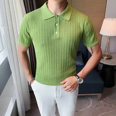 Threebooy  British Style POLO Shirts Men Knitting Short Sleeve Shirts Solid Color Lapel Business Casual Top Summer Social Clothing 3XL