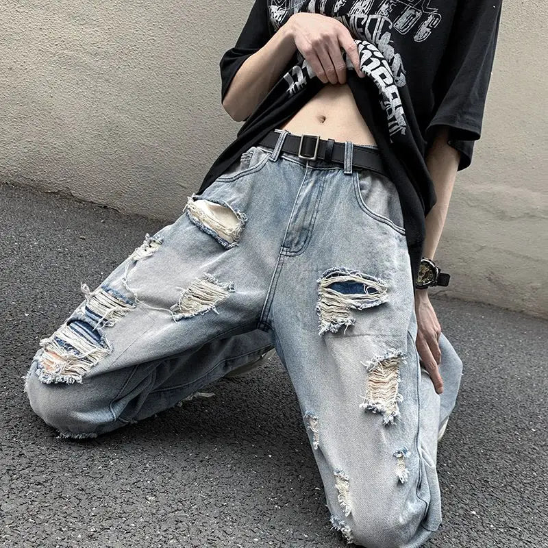 Threebooy European and American High Street Spring and Autumn Vintage Destruction Washed Straight leg Jeans Couple Hip Hop Casual Pants