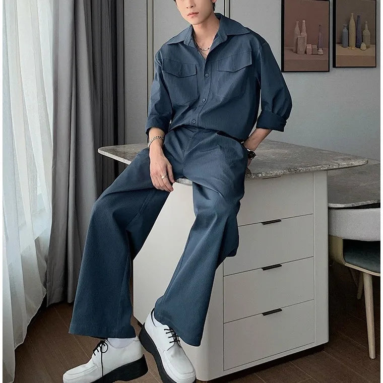 Threebooy Men's Shirt Pants Set High-end Shirt Suit Trendy Spring Handsome Long-sleeved Top Loose Straight Trousers Two-piece Set