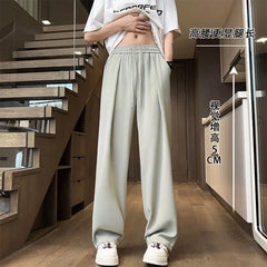 Threebooy Summer Fashion Thin Ice Silk Loose Straight Pants Men Solid Elastic Waist Drawstring Pocket Casual Ventilate Wide Leg Trousers