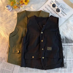 Threebooy  Japanese Retro Multi-pocket Workwear Vest Men Women in Summer Hong Kong Style Loose Versatile Waistcoat Sleeveless Vest Cityboy
