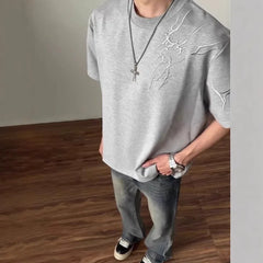 Threebooy Men's Summer Thorn Embroidery Round Neck Short Sleeve American High Street Half Sleeve Regular Shoulder T-Shirt