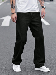 Threebooy  Men's Durable Black Relaxed-Fit Jeans Mid-Waist Comfort Street Style Essential Urban Pants