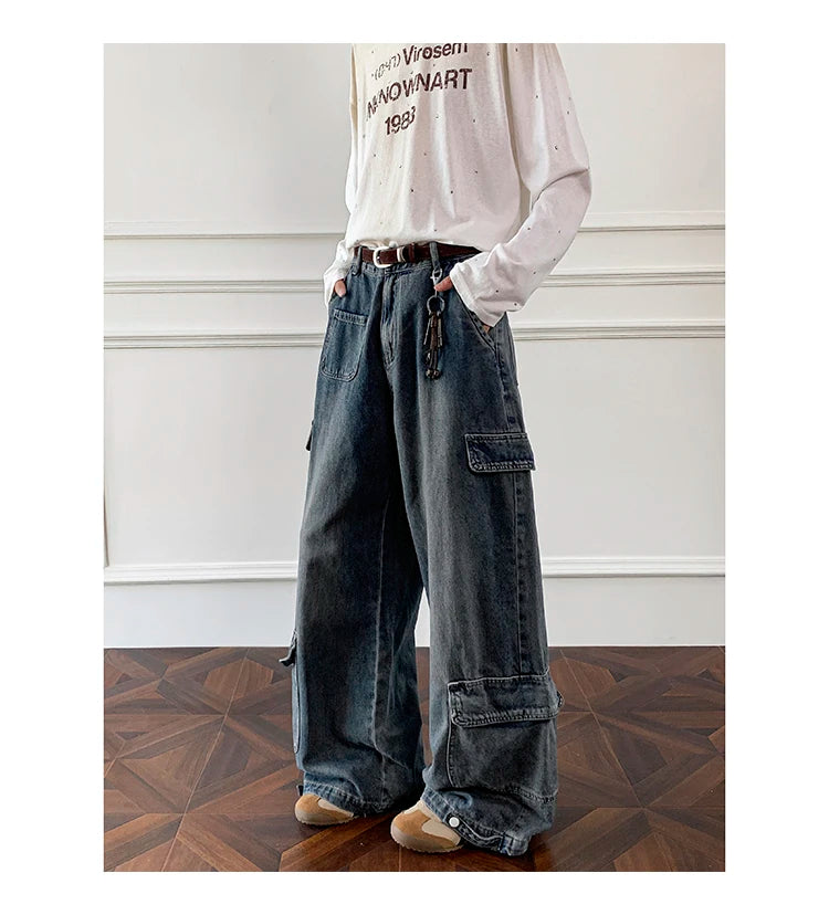 Threebooy Men Workwear Cargo Jeans New Multi Pocket Loose Straight Leg Baggy Streetwear Denim Pants Urban Casual Trousers 2025 Autumn