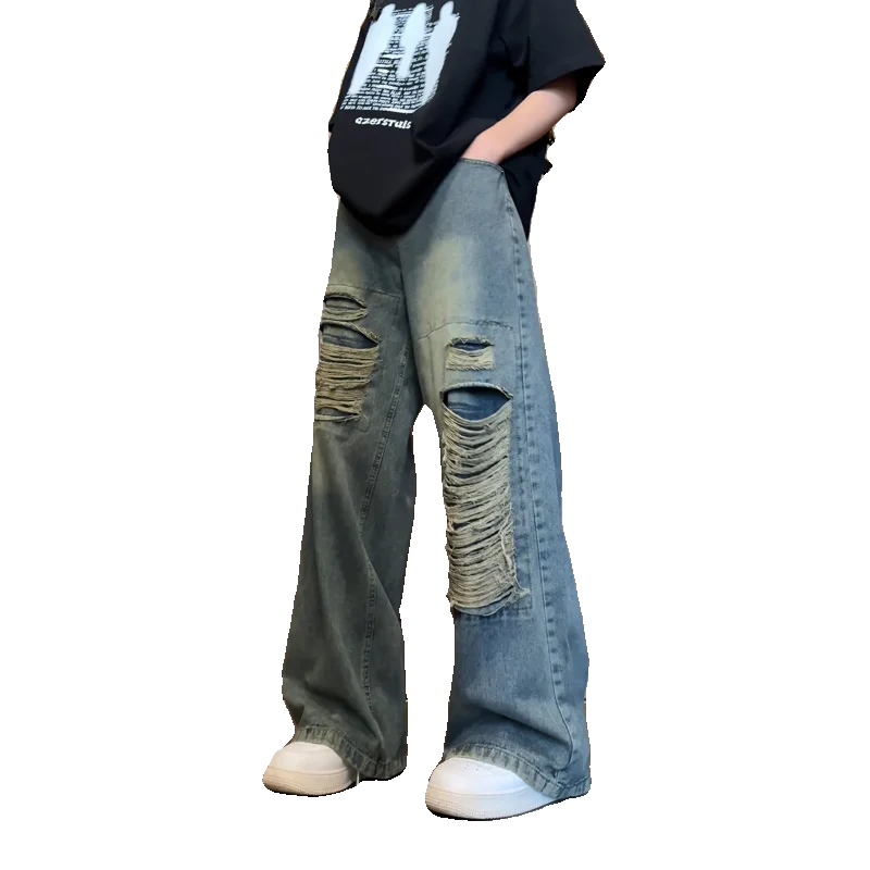 Threebooy Beggar jeans men Vintage Streetwear Ripped Hole Jeans Men Women Harajuku Aesthetic Wide Leg Denim Trousers Unisex Straight Pants