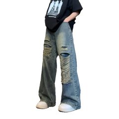 Threebooy Beggar jeans men Vintage Streetwear Ripped Hole Jeans Men Women Harajuku Aesthetic Wide Leg Denim Trousers Unisex Straight Pants