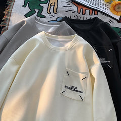 Threebooy Multicolour Solid Colour Pocket Embroidery Printed Sweatshirt College Style Round Neck Top Trendy Fashion Men's Clothing