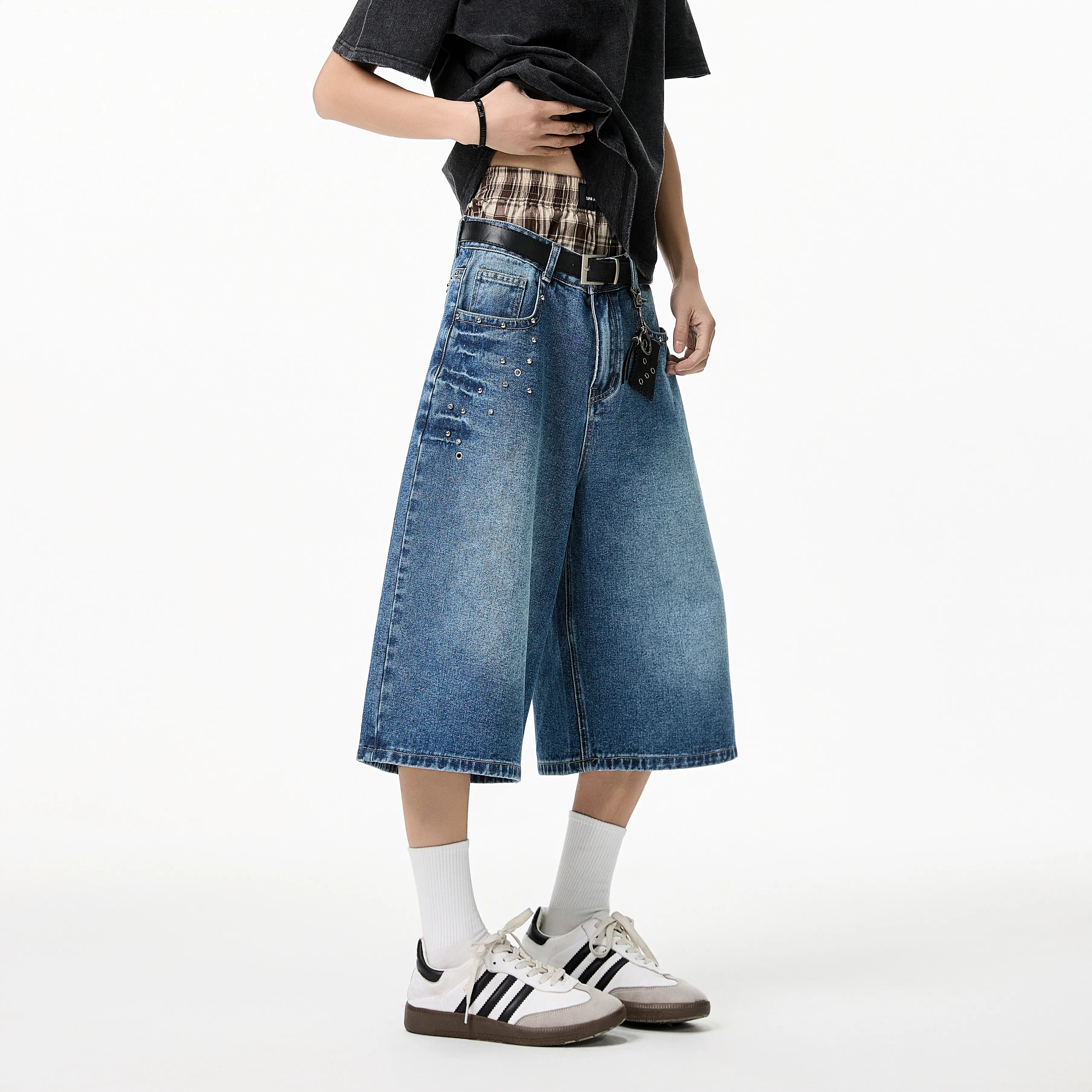 Threebooy Mens Calf length jeans Loose Fit Summer Studded Rivet Casual Streetwear Lightweight Comfort Cool Trendy 2023 Fashion weid leg