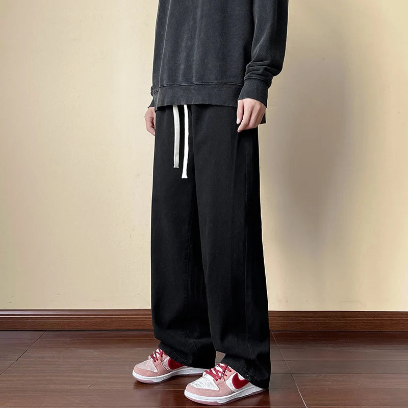 Threebooy  Streetwear Men's Elastic Waist Wide Leg Baggy Jeans Korean Fashion New Autumn Retro Oversize Jeans Male Drawstring Design Pants
