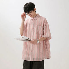 Threebooy Summer men Short Sleeve Shirt For Men Striped Loose Polos Lapel Shirts New unisex High Street Pocket Blouse Couple shirt