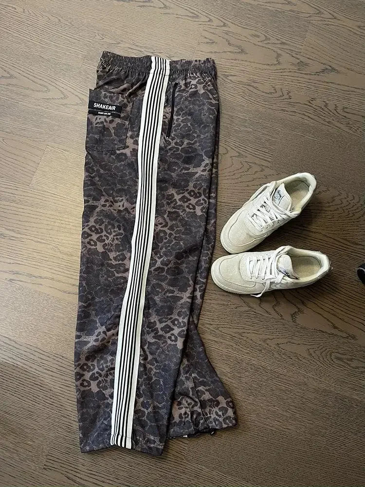 Threebooy 90s American Vintage Leopard Stitching Striped Slacks Y2K Mens Street Hip-Hop Harajuku Sweatpants Mopping Pants Streetwear