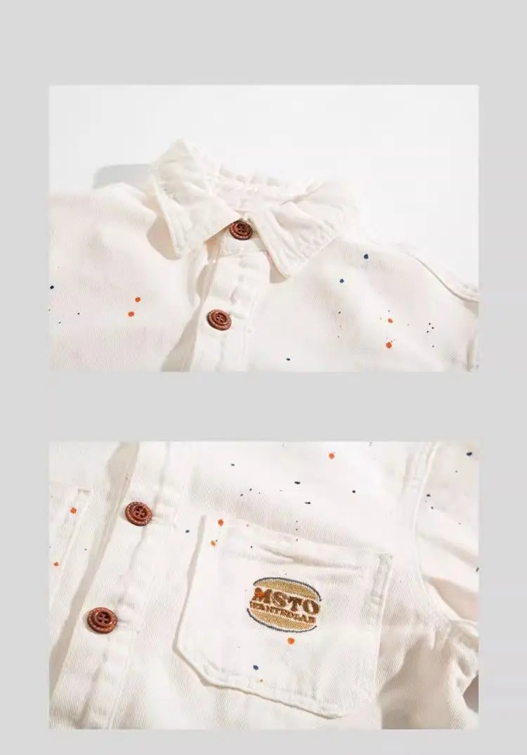 Threebooy American hip-hop men and women trendy splashed ink denim shirt for couples loose retro high-end wide casual top harajuku y2k
