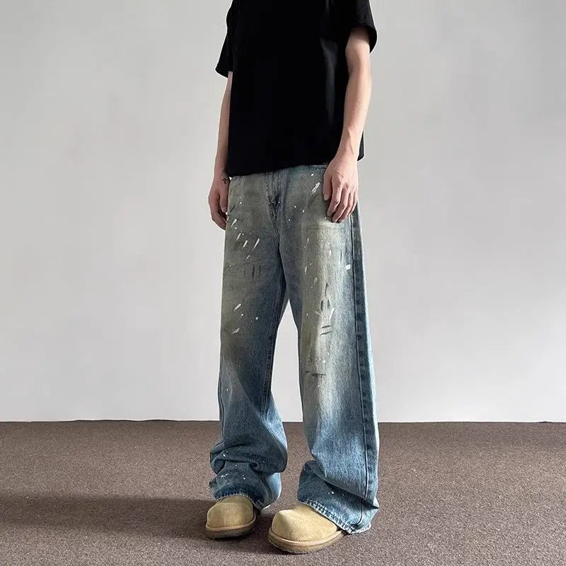 Threebooy Spring and Autumn Men and Women Trendy Personalized Straight Tube Inkjet Laundry Jeans American Couple Loose Retro Casual Pants