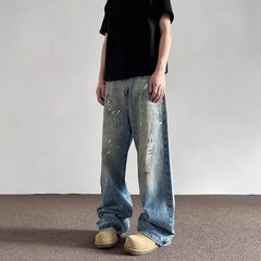 Threebooy Spring and Autumn Men and Women Trendy Personalized Straight Tube Inkjet Laundry Jeans American Couple Loose Retro Casual Pants