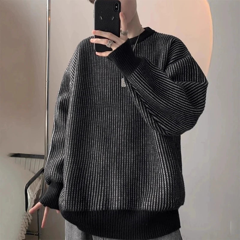 Threebooy  New Japanese Trendy Men Sweater High Street Patchwork Knitted O Neck Long Sleeve Pullover Casual Loose Premium Quality Knitwear