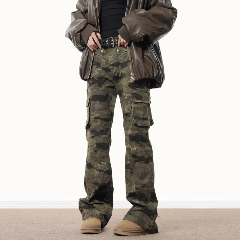 Threebooy 90s Streetwear American Retro Camouflage Jeans Men's Multi Pocket Slim Fit Work Pants Hip-hop Straight Leg Slimming Micro Flared Pants