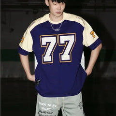 Threebooy  Spliced Short-sleeved Top American Retro Sports High Street Casual Rugby Uniform Basketball Hip-hop Jersey Aesthetic Oversize