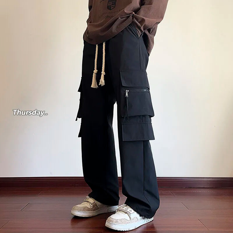 Threebooy Cargo Pants Men Fashion Retro Pocket Casual Pants Men Japanese Streetwear Hip-hop Loose Wide Leg Pants Mens Vintage Trousers