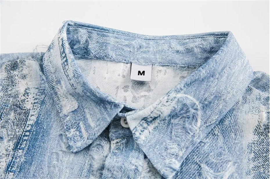 Threebooy  Summer Denim Short Sleeve Shirts Men Streetwear Hip Hop Ripped Hole Jeans Shirt Oversized Harajuku Tie Dye Casual Blouse Male
