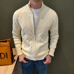 Threebooy Autumn Retro Men's Zipper Cardigan Jacket Trending Jacquard Solid Color Long Sleeve Sweater Coats Premium Quality Knit Outerwear