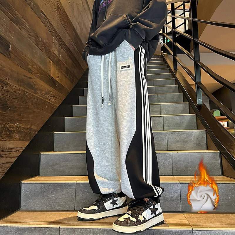 Threebooy Baggy Casual Side Stripe Men Sweatpants Thicken Warm Korean Style Patchwork Color Clash Sports Pants Harajuku Man Trousers