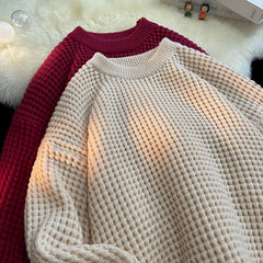 Threebooy Korean Solid Color Baggy Sweater Men's Knitting Pullovers Crew Neck Pullover Women Harajuku Knitwear Christmas Red Knitted