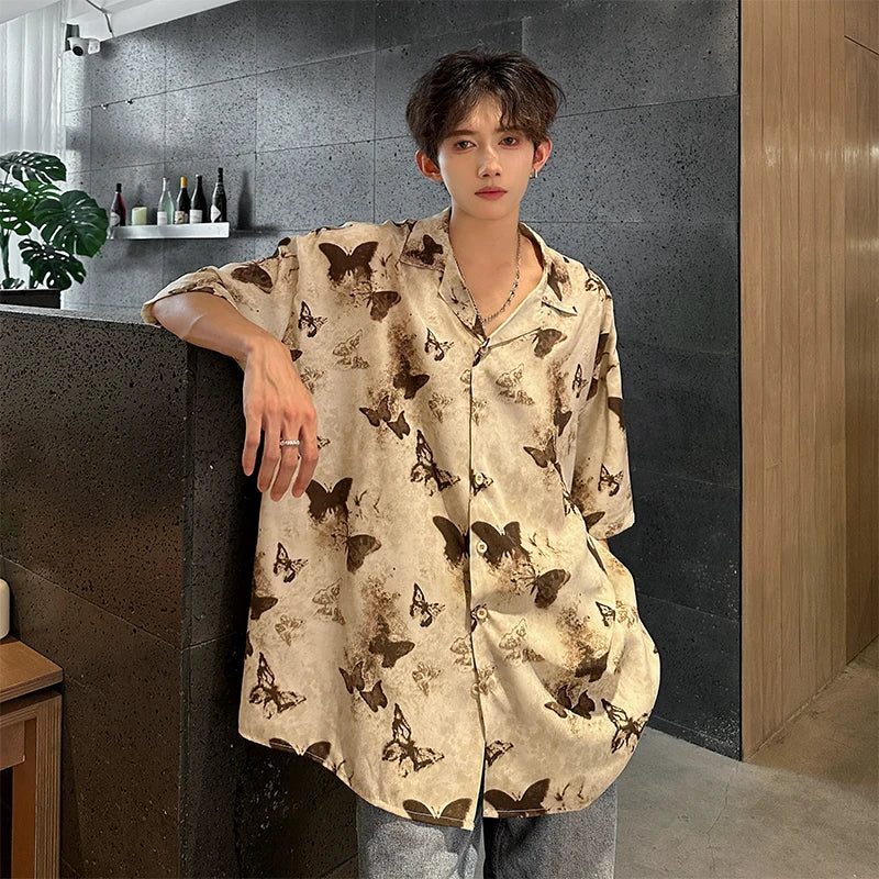 Threebooy Summer Butterfly Printed Tie-dye Shirt Men Windsor Collar Loose Casual Short Sleeve Shirts Oversize Streetwear Boy Girl Blouses