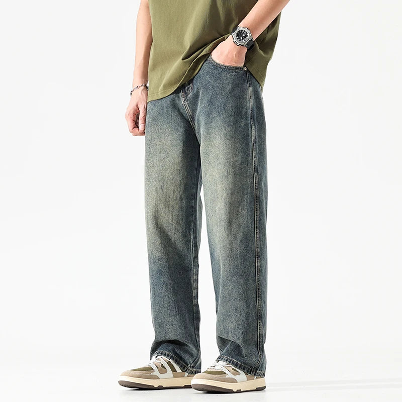Threebooy  Wide Leg Jeans Men Baggy Pants Summer Straight Cut Loose Retro Blue Denim Pants Streetwear Fashion Pockets Vintage Man Clothes