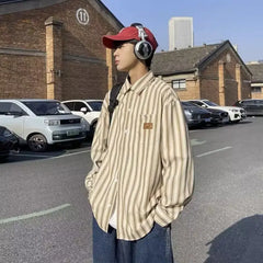 Threebooy Striped Shirt Men's Long-sleeved Retro Handsome Loose Casual Versatile Trendy Jacket