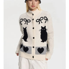 Threebooy Personality Cat Cardigan Contrasting Color Jacquard Stand-up Collar Sweater Coat Autumn Winter Loose Knitted Cardigan