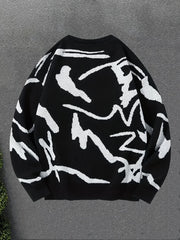 Threebooy  Graffiti Pattern Jacquard Men Fall Winter Loungewear Shirt Long Sleeve Round Neck Trendy Anti-pilling Pullover for Men