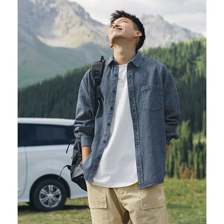 Threebooy Spring Autumn Fashion Washed Striped Denim Long Sleeve Shirt Men's Japanese Casual Cityboy Shirt Jacket Jacket Aesthetic Chic