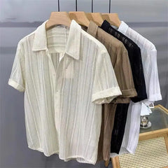Threebooy  New High-End Hollow Design Men's Summer Thin Short-Sleeve Shirt - Lapel Casual Top