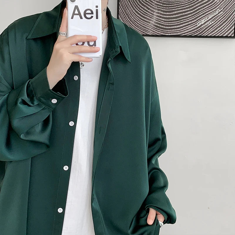 Threebooy Korean Fashion Ice Silk Shirts for Men Spring Summer Solid Color Long Sleeve Casual Loose Comfortable Button Up Shirt 5XL-M