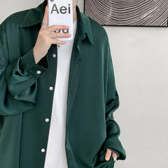 Threebooy Korean Fashion Ice Silk Shirts for Men Spring Summer Solid Color Long Sleeve Casual Loose Comfortable Button Up Shirt 5XL-M
