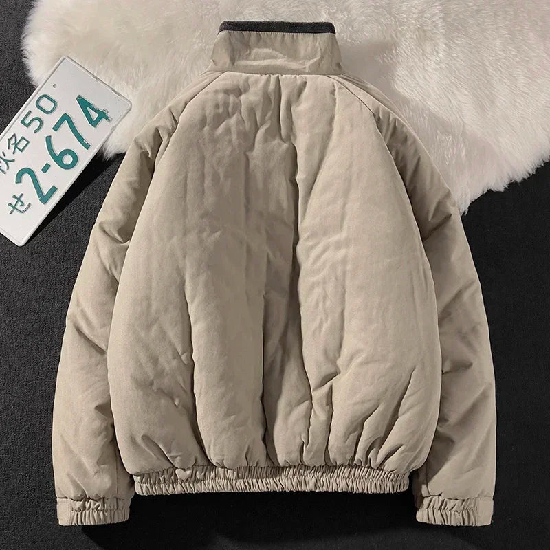 Threebooy Japan Standing Collar Padded Jacket Vintage Cityboy Men's Plush Parkas American Retro Hong Kong Style Winter Jacket Cargo Coat