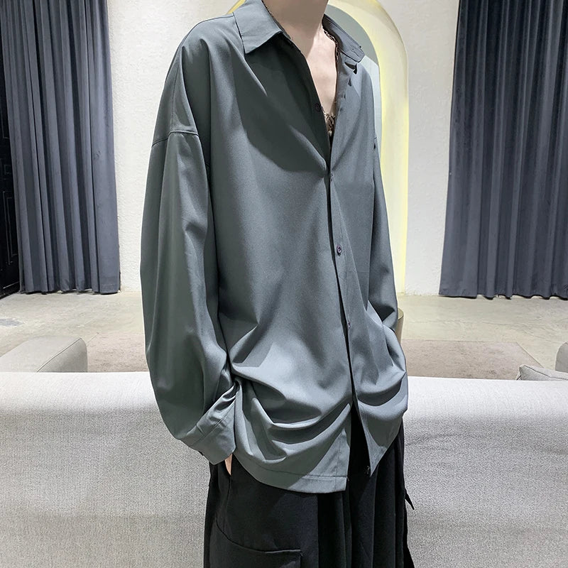 Threebooy Men Black Solid Long-sleeved Shirts Mens Harajuku Fashion Oversize Shirt Male Gray Casual Streetwear Loose Blouses Plus Size