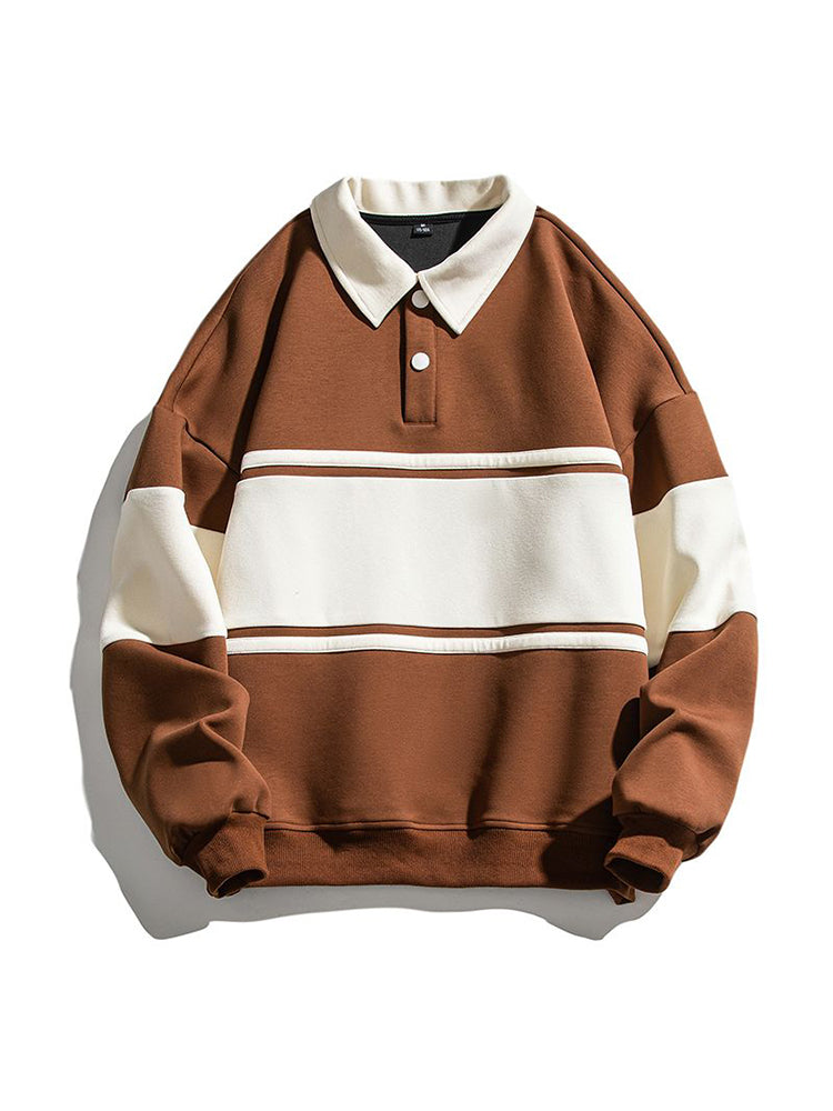 Threebooy American Retro Lapel Shirt Color Contrast Button Sweatshirt Men Women Preppy Oversize Stripe Turn Down Collar Pullover