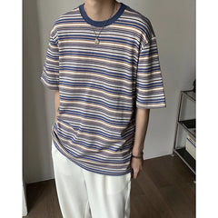 Threebooy Summer Men's Korean Loose Stripe Printing T-shirts Short Sleeve Round Neck Tshirt Green/blue Color Clothes T Shirts M-2XL