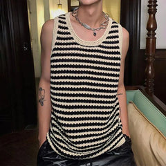 Threebooy  Striped Knitted Summer Tanks Tops Men's O-Neck Korean Knitwear Shirts Sleeveless Streetwear Loose Top Vintage Cropped Sexy