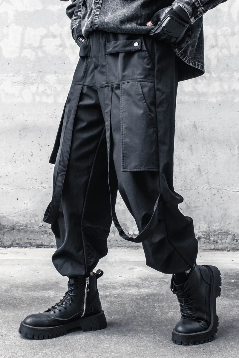 Threebooy Dark Cargo Pants Yamamoto Techwear Style Men's Black Loose Ankle-Tied Paratrooper Pants Autumn Casual Trousers for Women